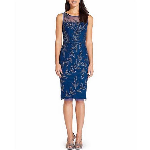 NEW ADRIANNA PAPELL sleeveless beaded sheath cocktail dress in night flight - Picture 1 of 3